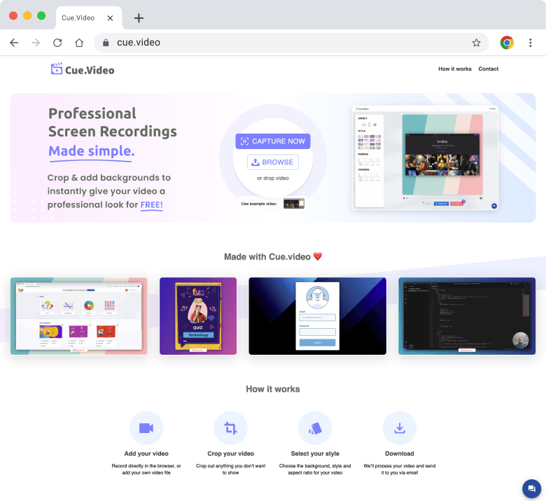 Cue.Video - "Cue.video lets users record desktop video from the browser and then crop and add professional backgrounds."