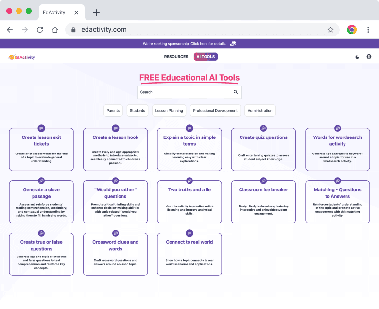 EdActivity.com - "Edactivity.com provides AI tools for teachers, students and parents."