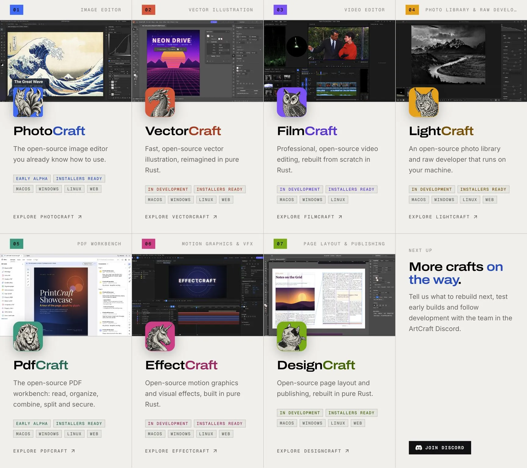 A suite of open source creative apps: PhotoCraft, VectorCraft, FilmCraft, LightCraft, PdfCraft, EffectCraft and DesignCraft