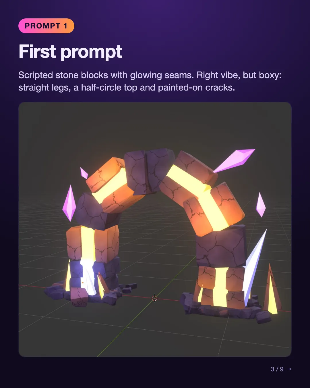 First Blender attempt: a boxy stone arch with glowing seams