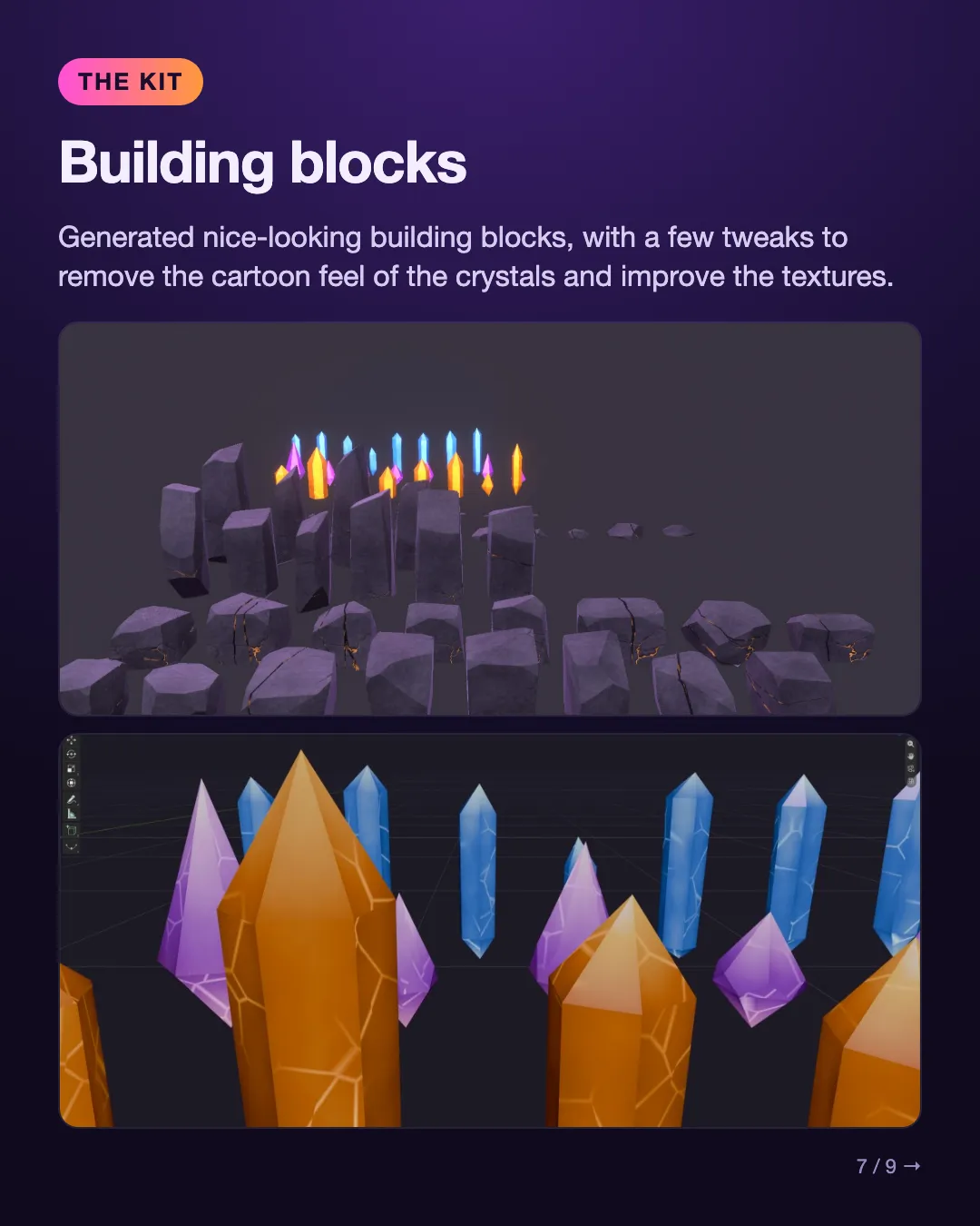 The rock and crystal building blocks modelled in Blender