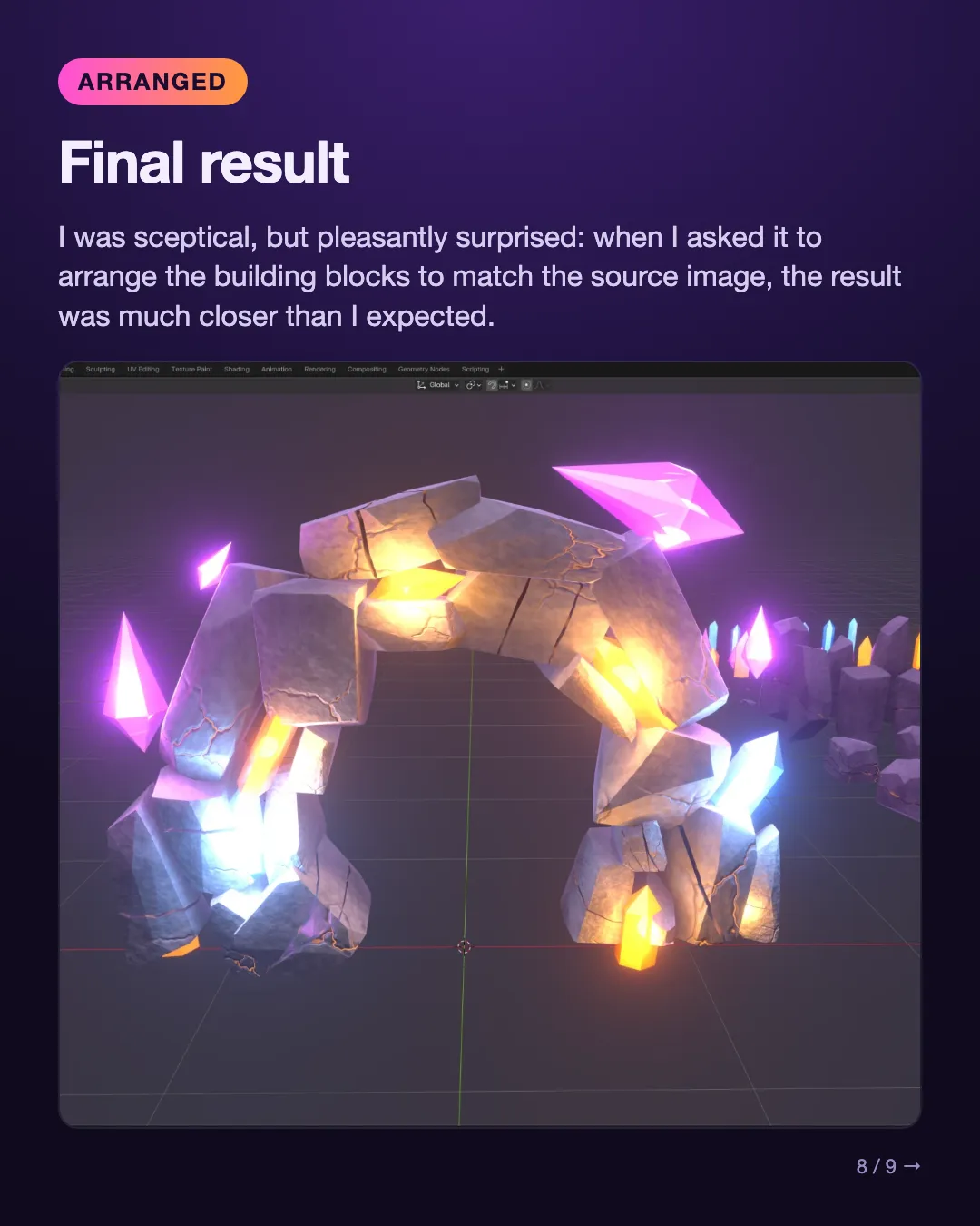 The final arch assembled from the building blocks in Blender